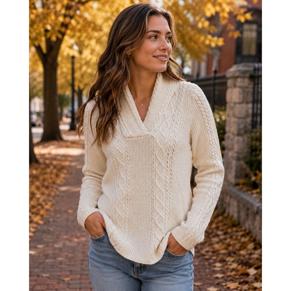 Cable Knit Pullover Sweater Shawl Collar Textured Ribbed Cozy Cream Fall Women's - Picture 1 of 10
